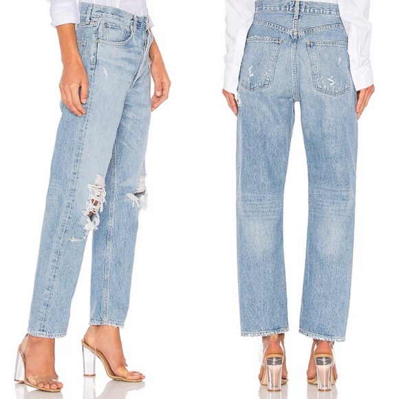 Agolde Blue Wash 90’s Mid Rise Distressed Straight Leg Jeans Size 24 - Picture 3 of 15